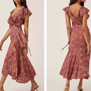 Anthropologie Midi/Maxi Wrap Dress! Brown Motif with Ruffle Sleeves